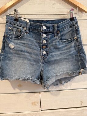 GAP Light Blue Button-Front Distressed Denim Shorts